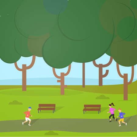 Park with trees, benches sit stop, road, grass and other elements. Three people practicing running outdoors. Two boys and a girl.のイラスト素材