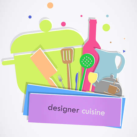 Cuisine items colors on white background. Colored squares to insert custom text.のイラスト素材