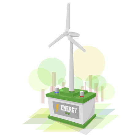 Green battery storing energy produced by the wind generator. Background mimicking nature with green colors.のイラスト素材