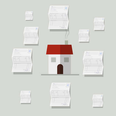 Home with many bills around. All invoices must be paid in any home.のイラスト素材