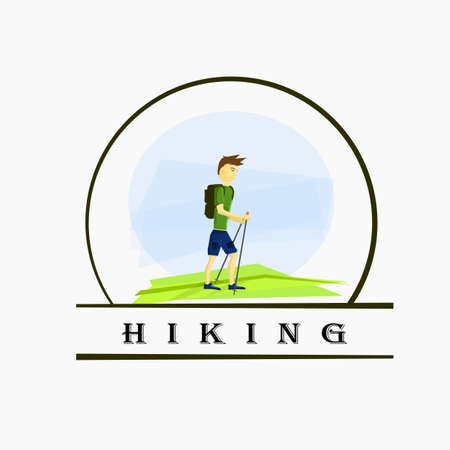 hiking with an athlete man with sticks walking in the countryside.のイラスト素材