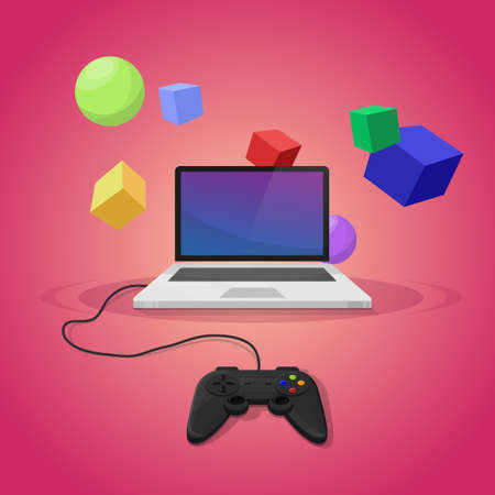 Gamepad connected to notebook. Pink background with colorful cubes.のイラスト素材