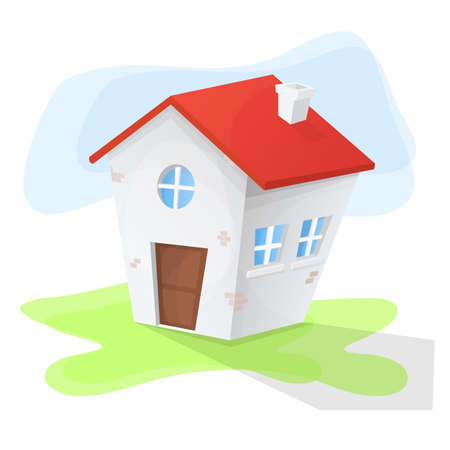 Cartoon house with three windows and red roof. Green land and blue backgroundのイラスト素材