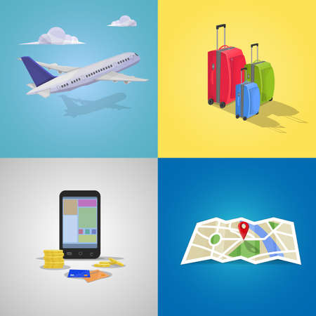 Travel elements on different colored backgrounds. vector imageのイラスト素材