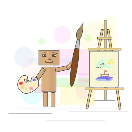 Cartoonist with watercolors and brush, painting a landscape on canvas. Image in vector formatのイラスト素材