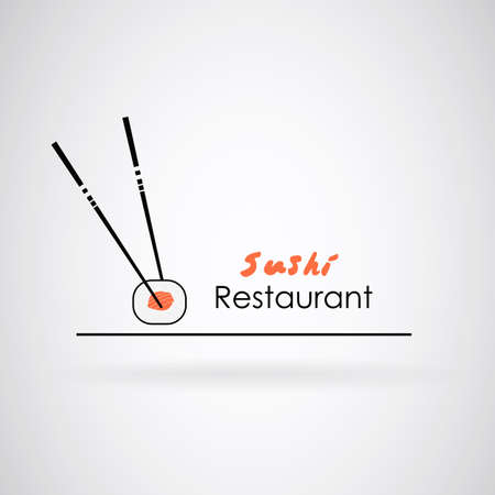 Logo for sushi. Consisting of two sticks and a piece of sushi with salmon. Vector image.のイラスト素材