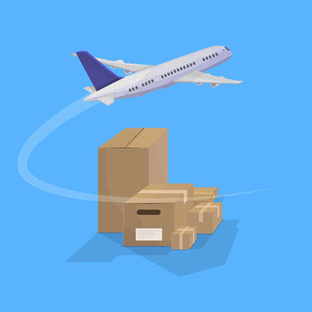 Shipping and global deliveries by air service. Cardboard boxes with products. Aircraft flying.のイラスト素材