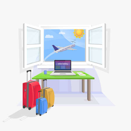 Laptop on table desk to make travel reservations. Bags packed. Plane in the window.のイラスト素材