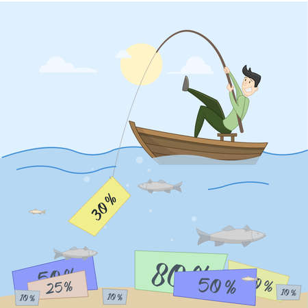 Man fishing the best deals that are on the seabed. Vectorのイラスト素材