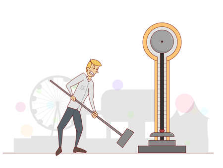 Man at the fair trying to hit with a hammer. vectorのイラスト素材