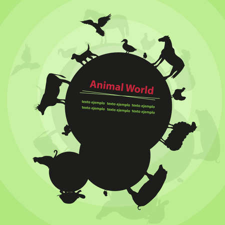 Silhouettes of animals around a circle. Green background with shadows.のイラスト素材