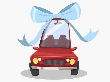 Red car with blue bow for birthday gift.のイラスト素材