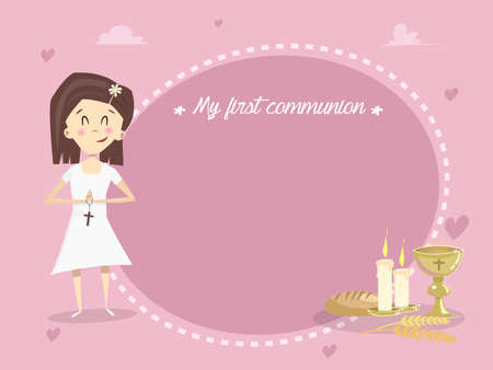 Invitation card My first communion. Girl holding a wooden cross. Bread, candles, wheat and calyx. Image in vector format.のイラスト素材