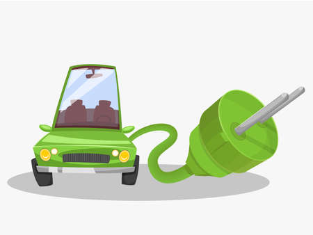 Electric green car. Giant plug. Vectorのイラスト素材