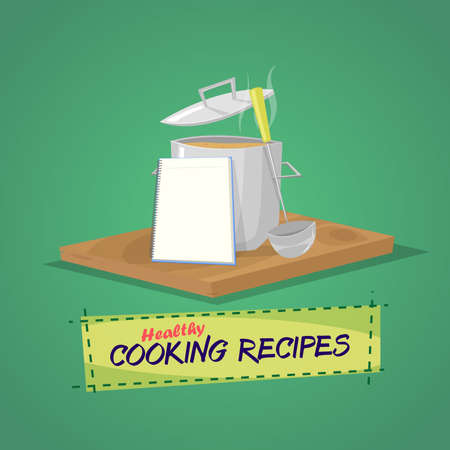 Healthy cooking recipes. Cooking pot and utensils book with recipes.Vectorのイラスト素材