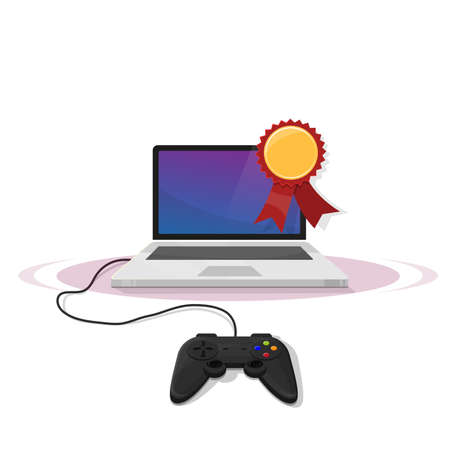 Prize for the best gamer. Laptop with gamepad connected. Medal for best player. Vectorのイラスト素材