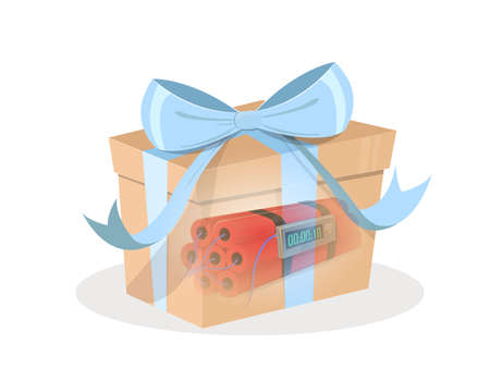 Gift pump. Terrorist attack: Gift box with blue ribbon and dynamite inside. Vectorのイラスト素材