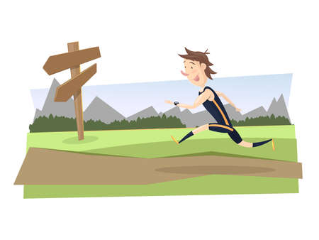 Train running by natural spaces: Man running down the field. Signs pointing the way. vectorのイラスト素材