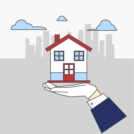 House rental: Gloved hand holding a house for rent. city background.のイラスト素材