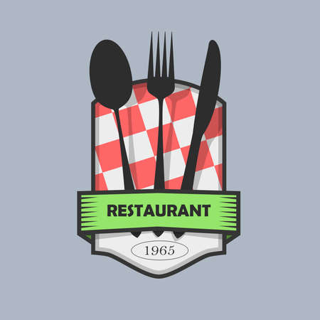 italian restaurant: kitchen cutlery on shield with red checkered background.のイラスト素材