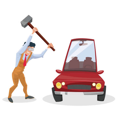 Car destroyed: Man with a hammer, breaking carのイラスト素材