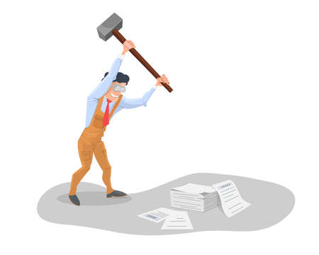 Tax reduction: Man with hammer in hand, pounding pile of papers taxes.のイラスト素材