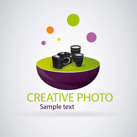 Logo modern photography: Photo equipment on a half colored sphere. Vector imageのイラスト素材