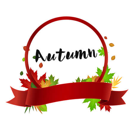Autumn card logo with leaves: red ribbon and circle to insert custom text. Vector imageのイラスト素材
