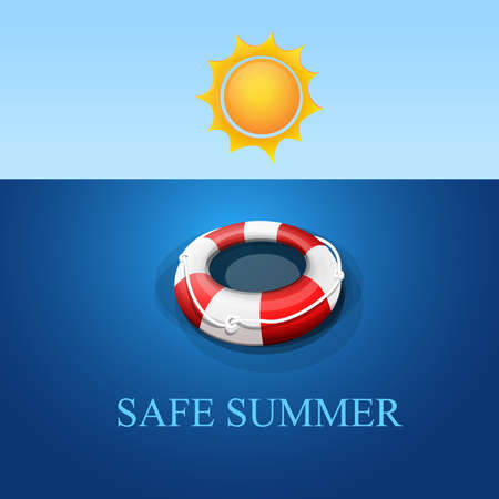 Welcome safe summer: Flotador de rescate flotando en el agua. Cielo y sol. Imagen vector.のイラスト素材