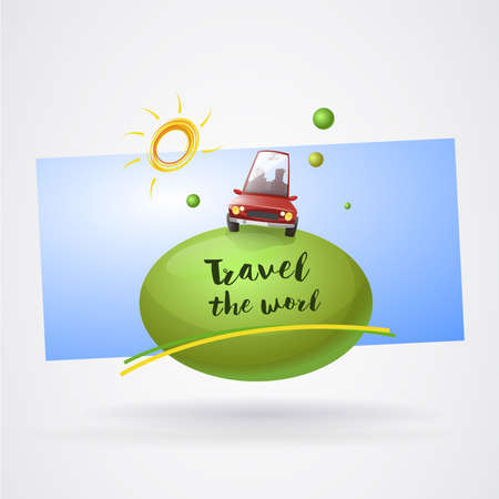 Logo holidays around the world with car: Car on planet with sun and blue background. Vector imageのイラスト素材