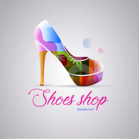 Logo shoes woman shop: Woman shoe with spring colors. Gray background. Vector imageのイラスト素材