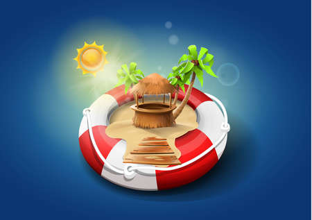 Safe vacations: lifeguard float with sand, bar and palm trees inside. Vector imageのイラスト素材