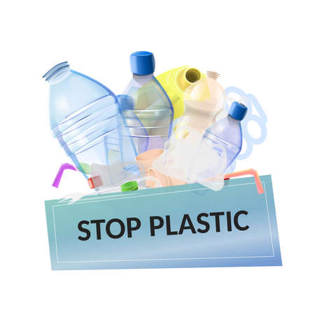 Stop plastic pollution: plastic garbage with poster with text "Stop plastic". Vector imageのイラスト素材