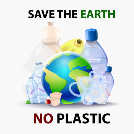 Save the planet from the pollution of plastics - Planet surrounded by plastic garbage. Vectorのイラスト素材