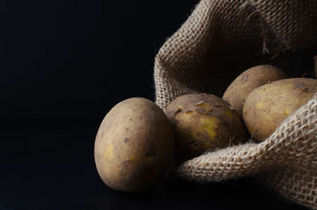 Raw, unwashed, unpeeled potatoes, spilling out of hessian sack on to black slate surface.  Moody lighting, black background.の写真素材
