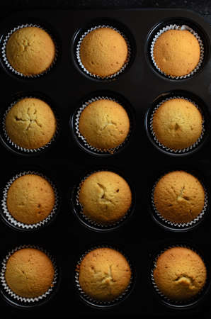 Overhead of a dozen golden cup cakes straight from the oven,  baked in paper cases and still inside black bun tin.の写真素材