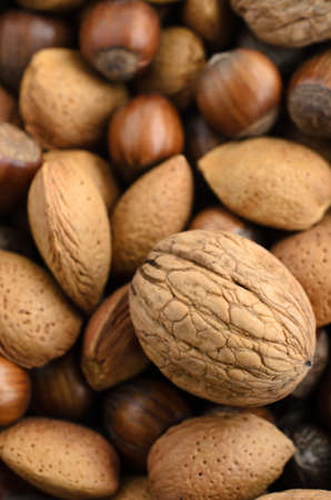 Overhead shot of a selection of mixed nuts, still in their shells.の写真素材