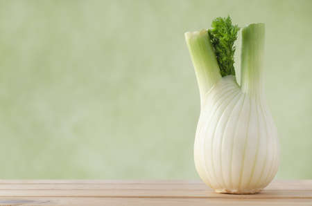 A whole raw fennel bulb standing upright on wood plank table against fresh, light green mottled background.の写真素材