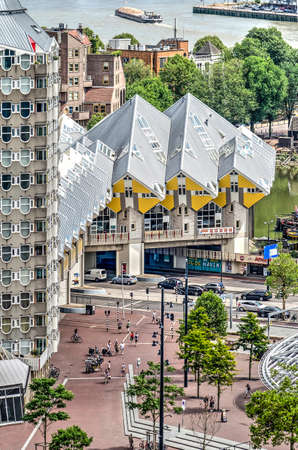 Rotterdam, The Netherlands, July 18, 2018: aerial view of the Cube Houses and nearby Pencil residential tower, both designed by architect Piet Blom in the 1980'sのeditorial素材