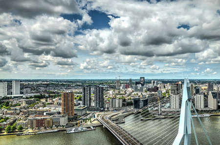 Rotterdam, The Netherlands, June 20, 2015: aerial view from the southbank towards the city center featuring the upper section of Erasmus bridgeのeditorial素材
