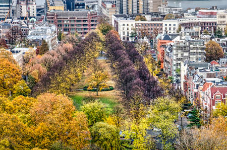 Rotterdam, The Netherlands, November 12, 2018: aerial view of Parklaan in autumn colors surrounded by the historic Scheepvaartkwartier neighbourhoodのeditorial素材