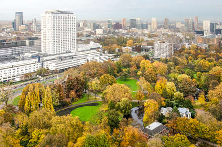 Rotterdam, The Netherlands, November 12, 2018: aerial view of The Park and the Erasmus MC hospital and university campus, with the city's skyline in the backgroundのeditorial素材
