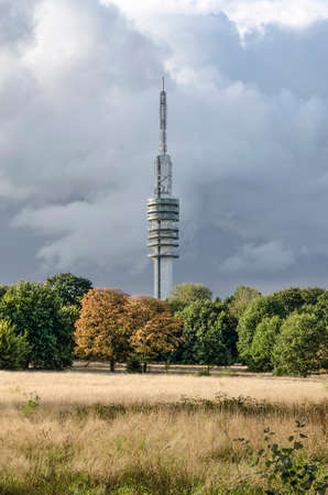 Hilversum, The Netherlands, August 25, 2018: view across a meadow surrounded by woodland towards the televison towerのeditorial素材