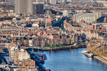 Rotterdam, The Netherlands, January 2019: aerial view across Coolhaven harbour towards old Delfshaven, once a small town, now a neighbourhood surrounded by more recent architectureのeditorial素材