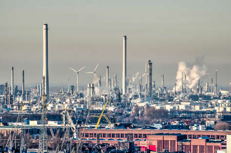 Rotterdam, The Netherlands, January 20, 2019: some wind turbines are visible in the Pernis...