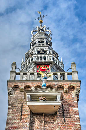 Monnickendam, The Netherlands, October 7, 2018: view from below of the tower of the town hall, with...