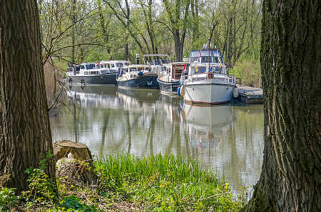 Dordrecht, The Netherlands, April 7, 2019: small yachts moored at a wooden jetty in a small creek in Biesbosch national parkのeditorial素材