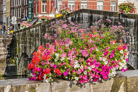 Roermond, the Netherlands, July 12, 2019: close-up of one of the baskets of geranium and other flowers decorating the city with the Stone Bridge blurred in the backgroundのeditorial素材