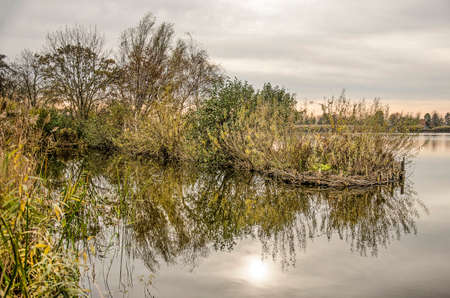 Tranquil autumn scene with a little peninsula in one of the Reeuwijke Plassen (Reeuwijk Lakes),...