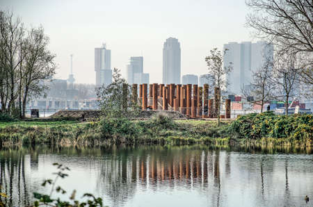 Rotterdam, The Netherlands, November 24, 2019: view form Brienenoord island towards the new corten steel viewing platform and the city's skylineのeditorial素材